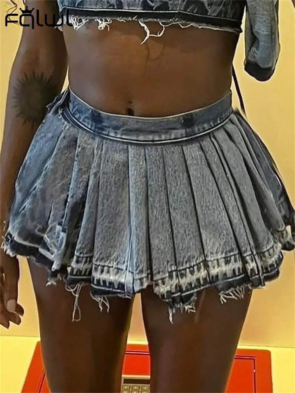 FQLWL Ljetne modne seksi plave traper plisirane mini suknje za žene 2023 Y2k Bodycon kratka suknja visokog struka Suknja za noćni klub