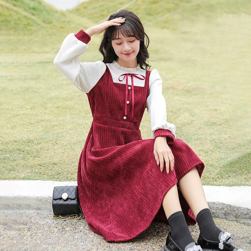 Jesen Zima Nova jednodijelna haljina dugih rukava u francuskom stilu Mori Girl Vestidos