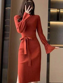 Ženska vintage pletena haljina s omotom na bokovima, nova jesen-zima 2023., jednobojne jednobojne dugih rukava s V-izrezom, uske ženske šik korejske haljine