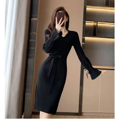 Ženska vintage pletena haljina s omotom na bokovima, nova jesen-zima 2023., jednobojne jednobojne dugih rukava s V-izrezom, uske ženske šik korejske haljine