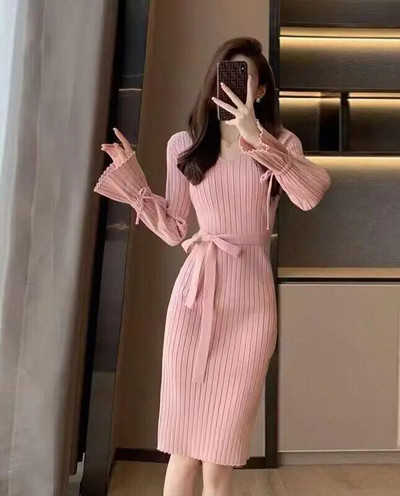 Ženska vintage pletena haljina s omotom na bokovima, nova jesen-zima 2023., jednobojne jednobojne dugih rukava s V-izrezom, uske ženske šik korejske haljine