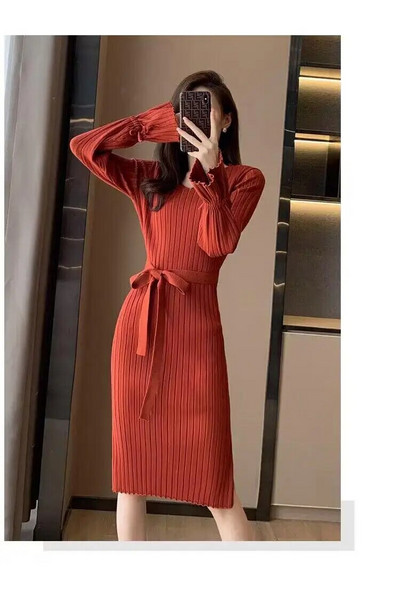 Ženska vintage pletena haljina s omotom na bokovima, nova jesen-zima 2023., jednobojne jednobojne dugih rukava s V-izrezom, uske ženske šik korejske haljine