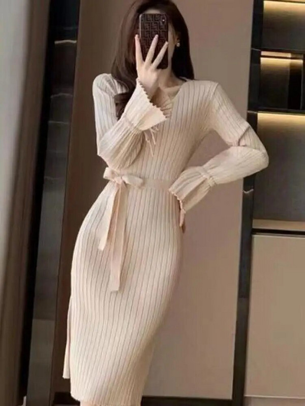 Ženska vintage pletena haljina s omotom na bokovima, nova jesen-zima 2023., jednobojne jednobojne dugih rukava s V-izrezom, uske ženske šik korejske haljine