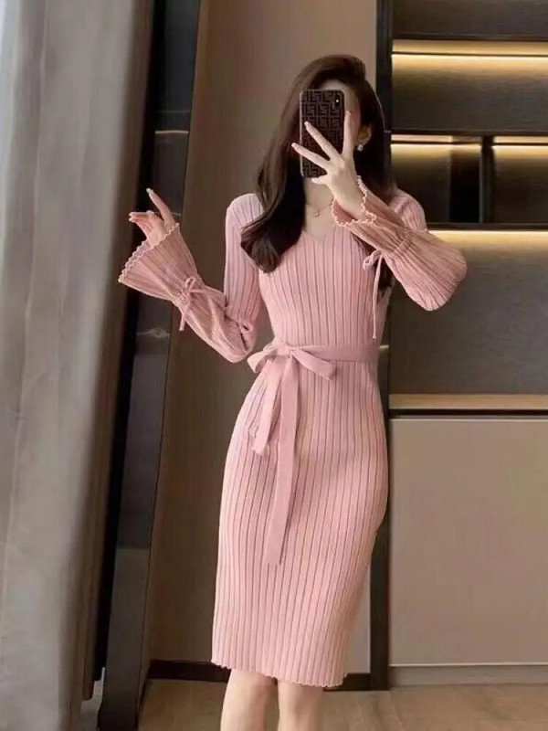 Ženska vintage pletena haljina s omotom na bokovima, nova jesen-zima 2023., jednobojne jednobojne dugih rukava s V-izrezom, uske ženske šik korejske haljine