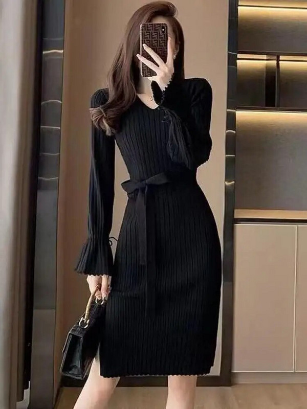 Ženska vintage pletena haljina s omotom na bokovima, nova jesen-zima 2023., jednobojne jednobojne dugih rukava s V-izrezom, uske ženske šik korejske haljine