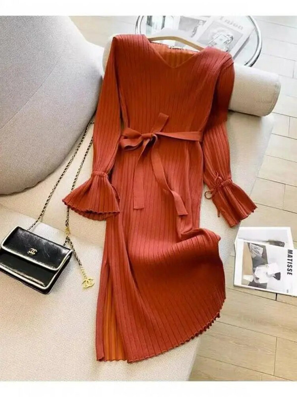 Ženska vintage pletena haljina s omotom na bokovima, nova jesen-zima 2023., jednobojne jednobojne dugih rukava s V-izrezom, uske ženske šik korejske haljine