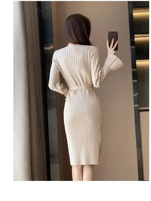 Ženska vintage pletena haljina s omotom na bokovima, nova jesen-zima 2023., jednobojne jednobojne dugih rukava s V-izrezom, uske ženske šik korejske haljine
