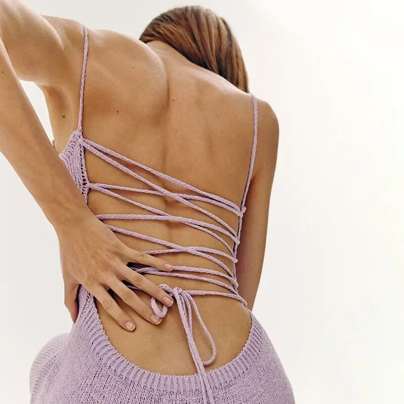 Sexy plážové oblečenie, zimné pletené šaty, dámske plážové šaty s ramienkami, bez ramienok a chrbtom, šnurovacie šaty