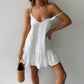 Rochie 2023 Rochii cu bretele spaghete Cu umăr dezactivat Femei Rochie schimbătoare albă de vară Volană Rochie de soare sexy Mini Rochii de in din bumbac