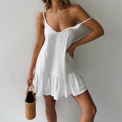Рокля 2023 г. Рокли с презрамки за спагети Дамска лятна бяла рокля с волани Секси сарафан Мини памучно бельо Vestidos