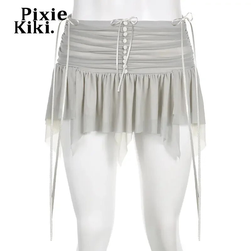 PixieKiki sive mrežaste asimetrične suknje s naborima Y2k Grunge Fairycore mini suknja niskog struka 2023. Novo proljeće ljeto P77-BI11