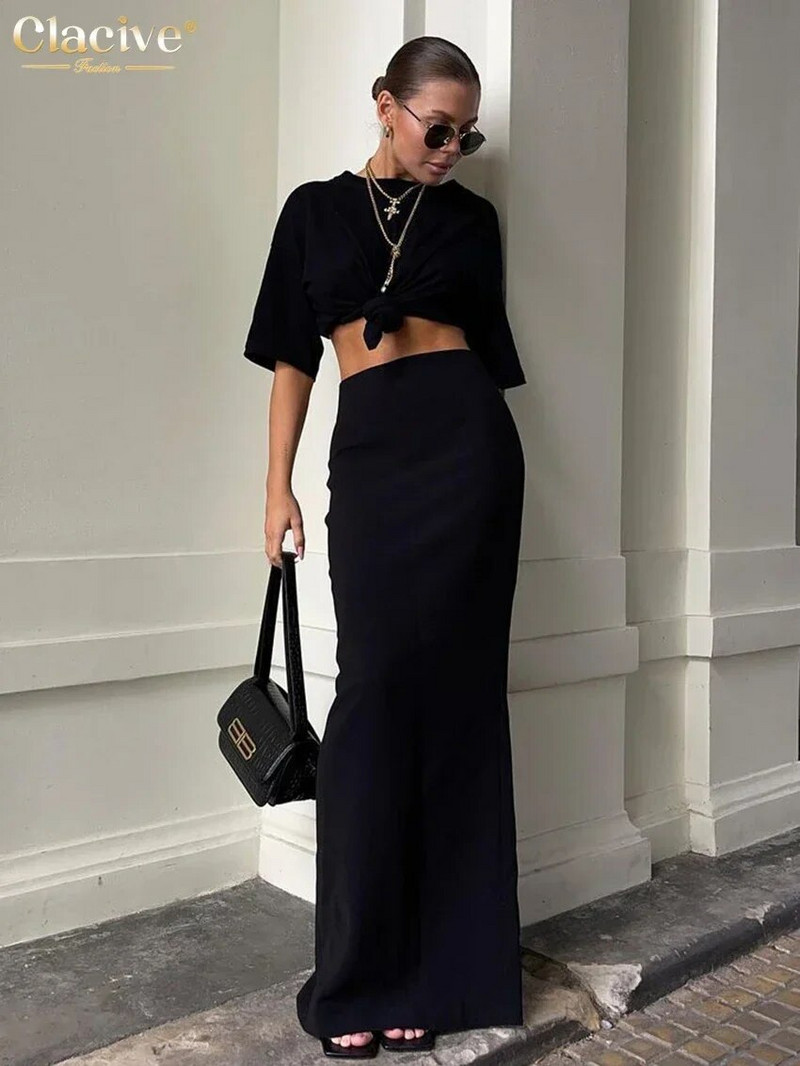 Fusta Clacive, elegantă, subțire, neagră, pentru femei, 2023, la modă, cu talie înaltă, la birou, fuste lungi, casual, simplă, cu falde, îmbrăcăminte pentru femei