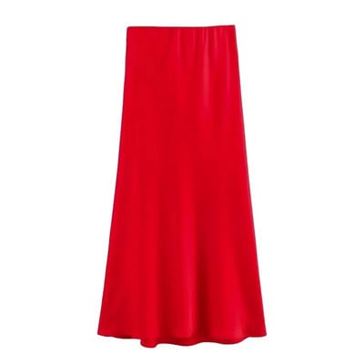 TRAF Crvena midi suknja Ženska jesenska satenska suknja visokog struka Elegantne duge suknje za žene Moda 2023. Elegantne društvene ženske suknje