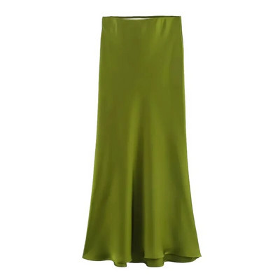 TRAF Crvena midi suknja Ženska jesenska satenska suknja visokog struka Elegantne duge suknje za žene Moda 2023. Elegantne društvene ženske suknje