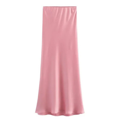TRAF Crvena midi suknja Ženska jesenska satenska suknja visokog struka Elegantne duge suknje za žene Moda 2023. Elegantne društvene ženske suknje