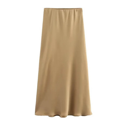 TRAF Crvena midi suknja Ženska jesenska satenska suknja visokog struka Elegantne duge suknje za žene Moda 2023. Elegantne društvene ženske suknje