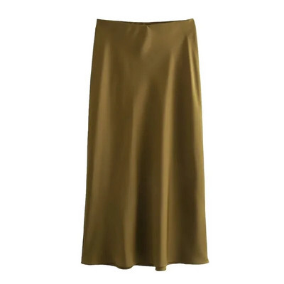 TRAF Crvena midi suknja Ženska jesenska satenska suknja visokog struka Elegantne duge suknje za žene Moda 2023. Elegantne društvene ženske suknje