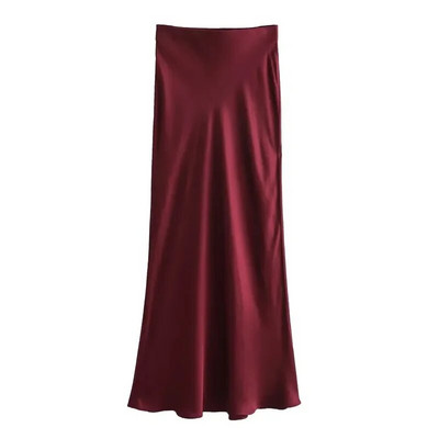 TRAF Crvena midi suknja Ženska jesenska satenska suknja visokog struka Elegantne duge suknje za žene Moda 2023. Elegantne društvene ženske suknje