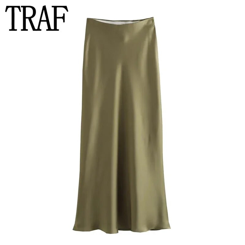TRAF Crvena midi suknja Ženska jesenska satenska suknja visokog struka Elegantne duge suknje za žene Moda 2023. Elegantne društvene ženske suknje