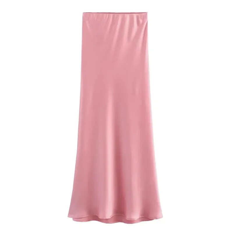 TRAF Crvena midi suknja Ženska jesenska satenska suknja visokog struka Elegantne duge suknje za žene Moda 2023. Elegantne društvene ženske suknje