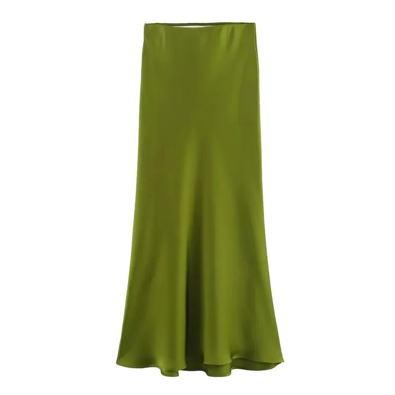 TRAF Crvena midi suknja Ženska jesenska satenska suknja visokog struka Elegantne duge suknje za žene Moda 2023. Elegantne društvene ženske suknje