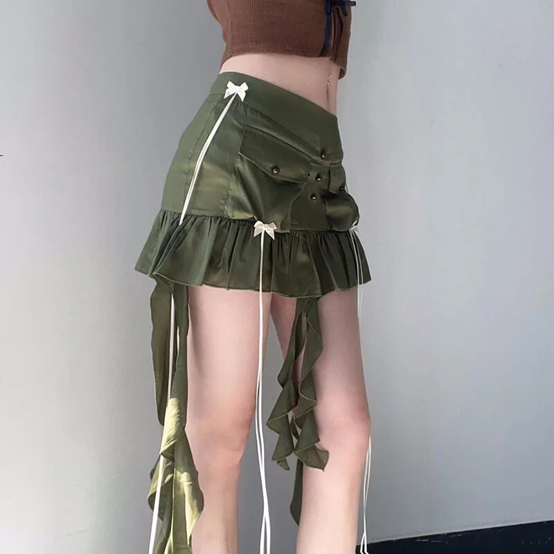 Darlingaga Fashion Design Bodycon Mini suknja Ženska mašna Koketa S volanima Preklopna korejska plisirana suknja Party Hottie Cargo Slatka