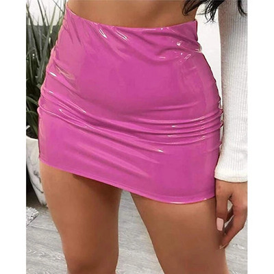 Vysoký pás Faux Latex Wet Look Lesklá PVC balenie Hip Pencil Sukňa Candy Color PU Kožená Jupe Faldas Sexy Clubwear Minisukne