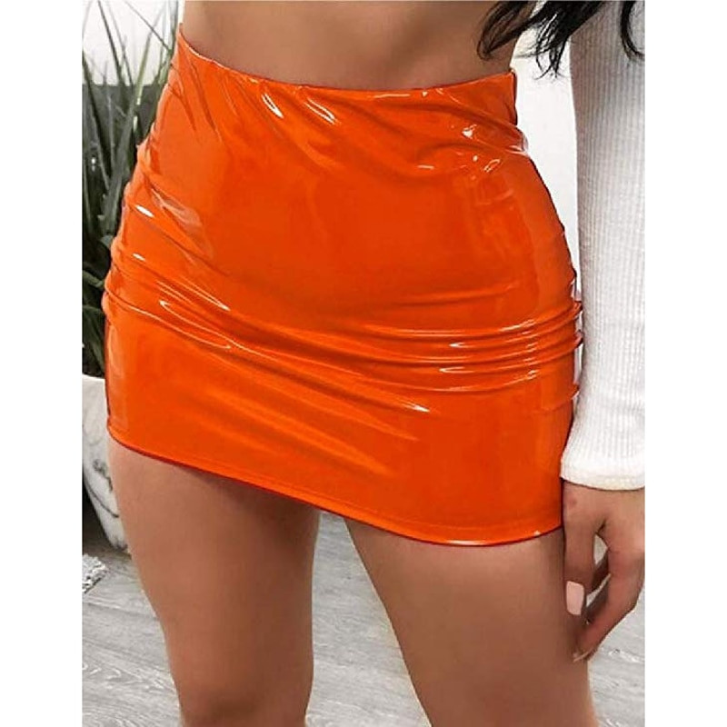 Vysoký pás Faux Latex Wet Look Lesklá PVC balenie Hip Pencil Sukňa Candy Color PU Kožená Jupe Faldas Sexy Clubwear Minisukne