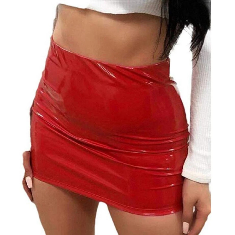 Vysoký pás Faux Latex Wet Look Lesklá PVC balenie Hip Pencil Sukňa Candy Color PU Kožená Jupe Faldas Sexy Clubwear Minisukne