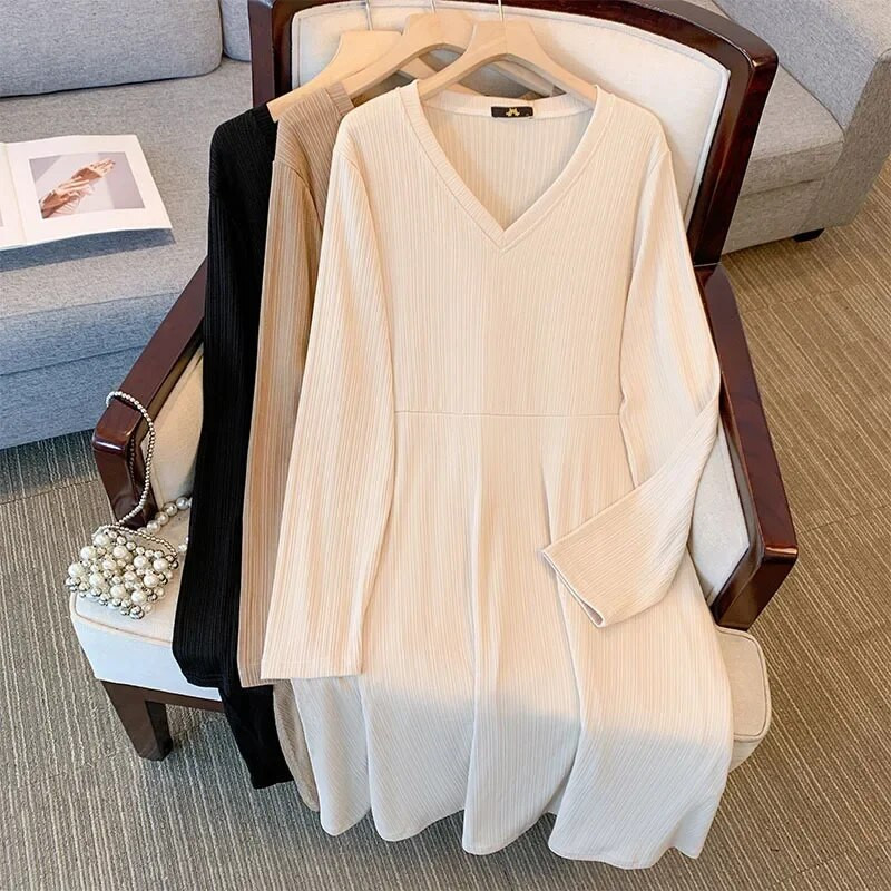 6XL 7XL 175 kg Ženska odjeća velike veličine Velike ženske haljine s dugim rukavima s V-izrezom Proljeće jesen Debele ženske spuštene pletene haljine