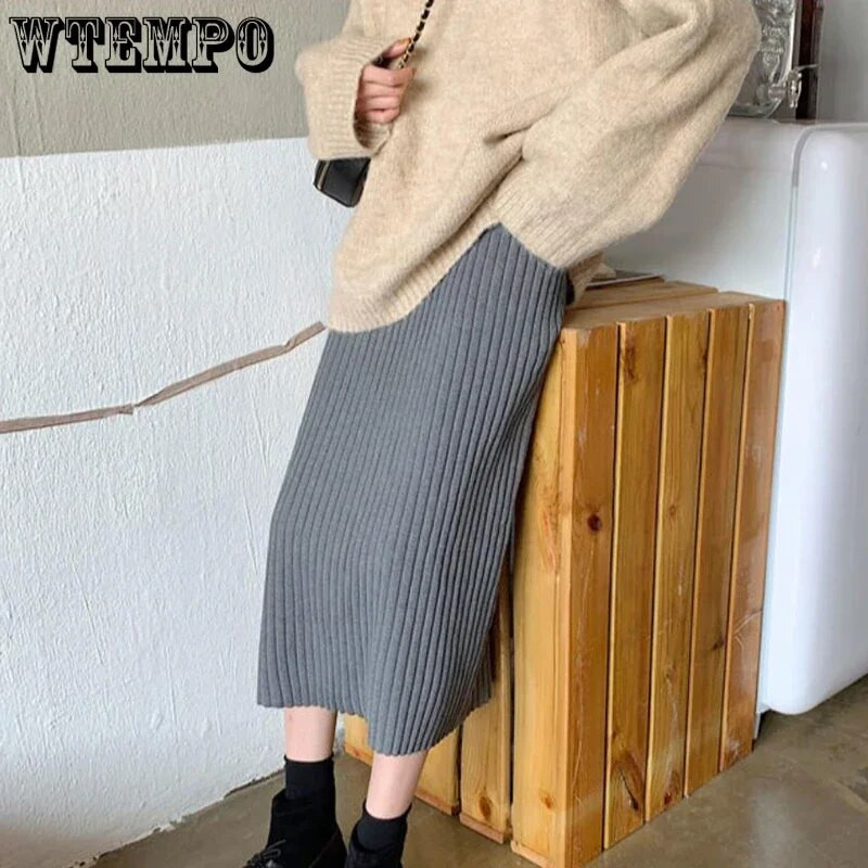 WTEMPO Ženske pletene suknje visokog struka Midi džemper suknja Ženske mekane prozračne suknje s podijeljenim leđima Proljeće Jesen Ženska odjeća