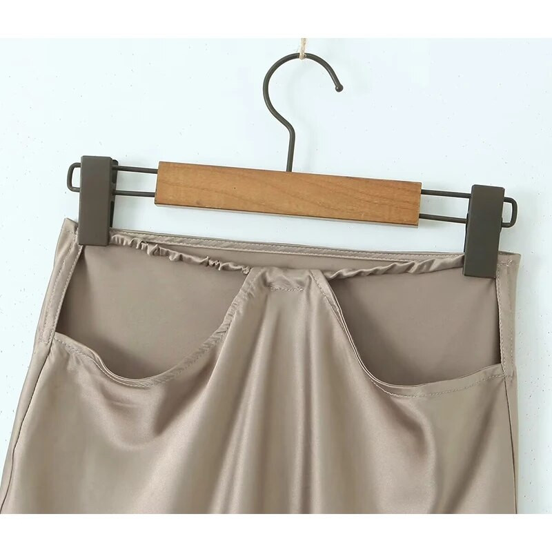 YENKYE új női, elegáns, hollow out alacsony derékú sárgabarack szexi nyári női szoknya szatén midi ceruzaszoknyák