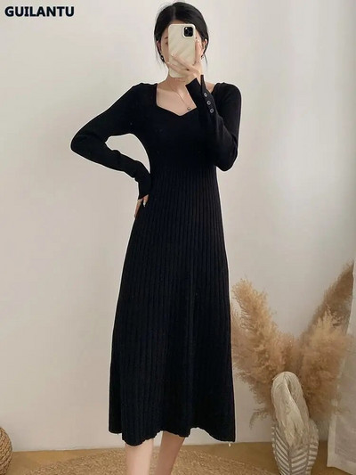 Φθινόπωρο Χειμώνας 2023 Casual μακρυμάνικο φόρεμα για μαύρο κορεατικό πλεκτό πουλόβερ Boho Γυναικεία πουλόβερ Bodycon Κομψά φορέματα