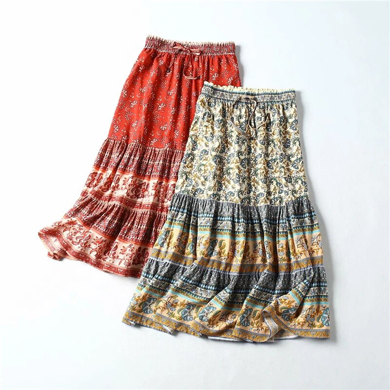 Hippie Queens ženske gotičke cvjetne paunove otiske visokog elastičnog struka Boemska suknja za plažu Ženske midi boho suknje a-kroja