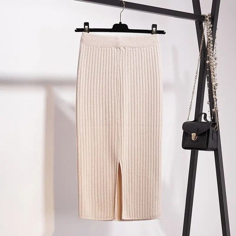 Vintage női szoknya Rugalmas, magas derékú, redőzött Midi kötött egylépéses ceruzaszoknya pulóver Őszi női tömör, elegáns szoknyák