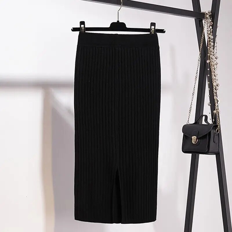 Vintage női szoknya Rugalmas, magas derékú, redőzött Midi kötött egylépéses ceruzaszoknya pulóver Őszi női tömör, elegáns szoknyák