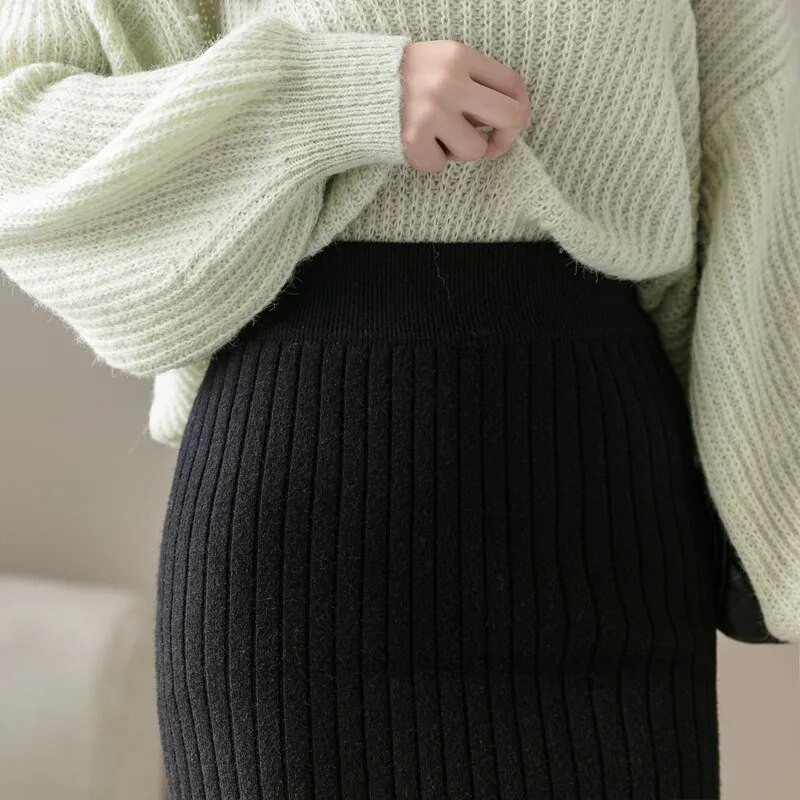 Vintage női szoknya Rugalmas, magas derékú, redőzött Midi kötött egylépéses ceruzaszoknya pulóver Őszi női tömör, elegáns szoknyák
