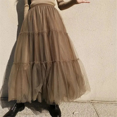 Ruffles Tutu plisseeritud seelik Naiste kõrge vöökohaga suur kiik Vintage tüll seelik Korea pruun roheline võrgust pikk seelik Rõivad Tänavarõivad