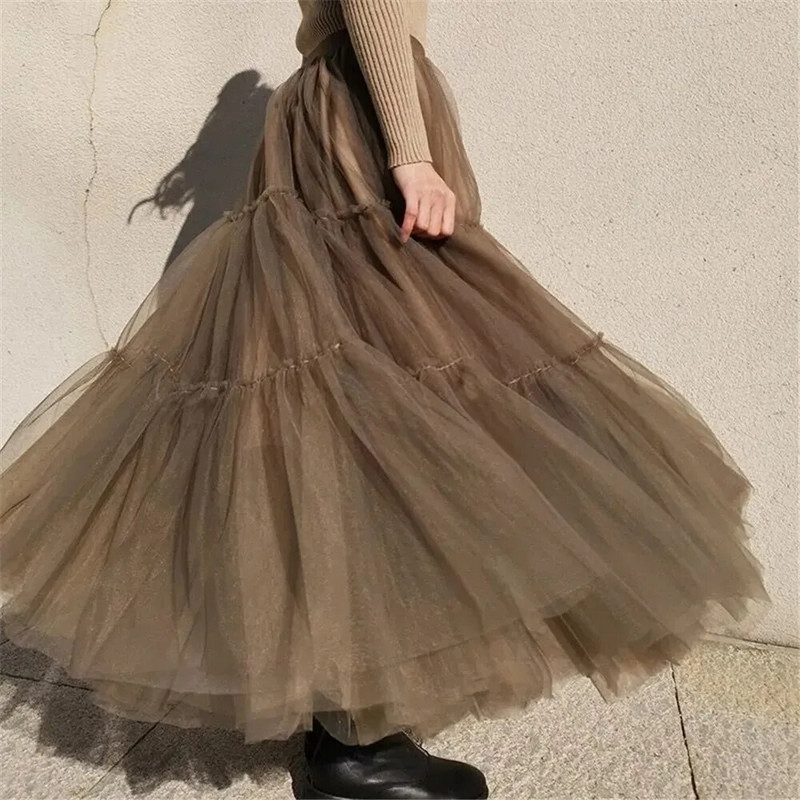 Fodor Tutu redőzött szoknya Női Magas derekú Nagy Swing Vintage Tüll Szoknya Koreai Barna Zöld Hálós Hosszú szoknya Ruházat Utcai ruházat