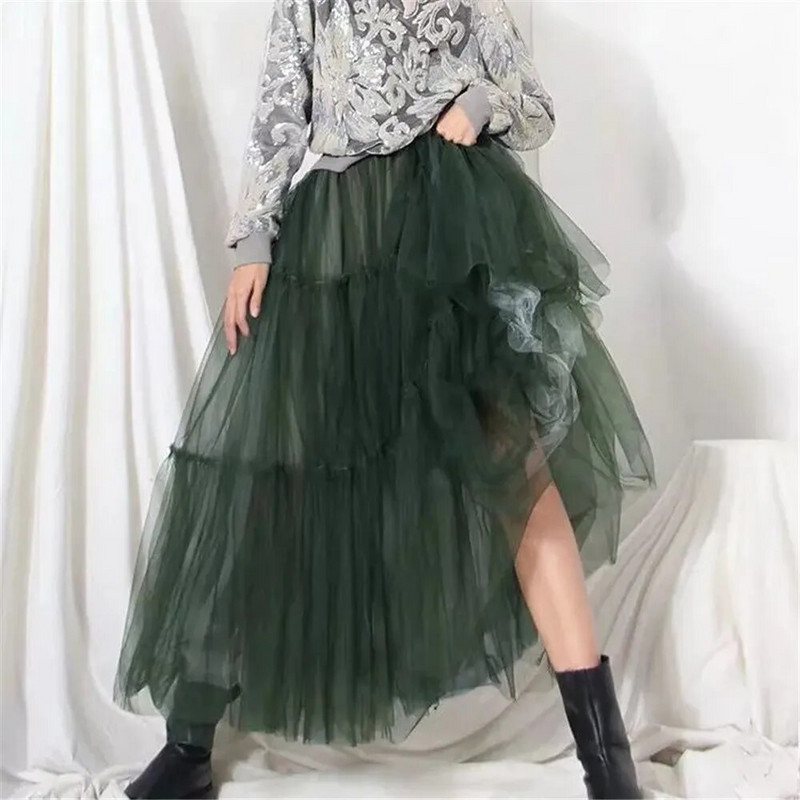 Fodor Tutu redőzött szoknya Női Magas derekú Nagy Swing Vintage Tüll Szoknya Koreai Barna Zöld Hálós Hosszú szoknya Ruházat Utcai ruházat