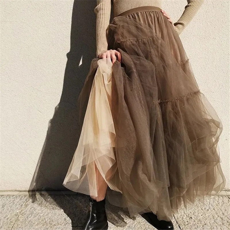 Fodor Tutu redőzött szoknya Női Magas derekú Nagy Swing Vintage Tüll Szoknya Koreai Barna Zöld Hálós Hosszú szoknya Ruházat Utcai ruházat