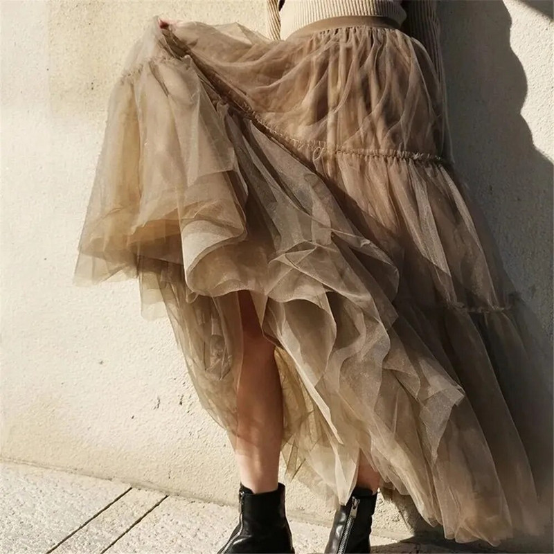 Fodor Tutu redőzött szoknya Női Magas derekú Nagy Swing Vintage Tüll Szoknya Koreai Barna Zöld Hálós Hosszú szoknya Ruházat Utcai ruházat