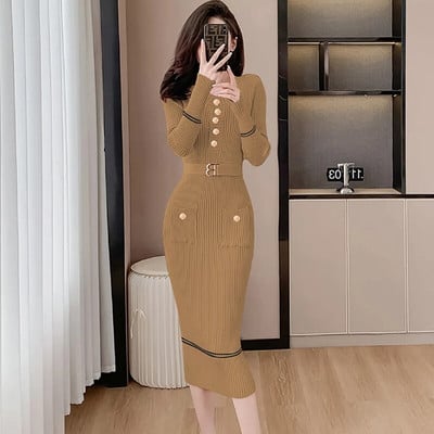 Női rózsaszín kötött bandage Bodycon ruha őszi téli hosszú ujjú elegáns hétköznapi hosszú ruha 2023-as új koreai elegáns pulóver ruha