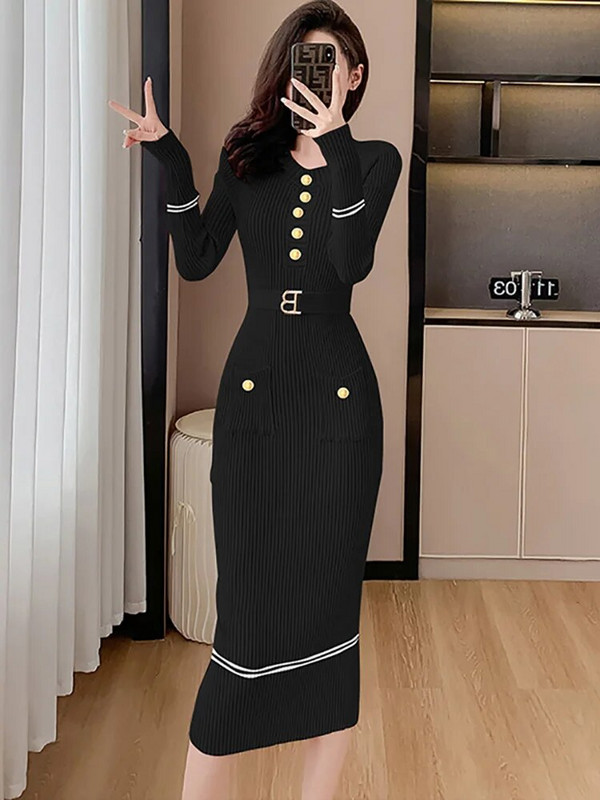 Női rózsaszín kötött bandage Bodycon ruha őszi téli hosszú ujjú elegáns hétköznapi hosszú ruha 2023-as új koreai elegáns pulóver ruha