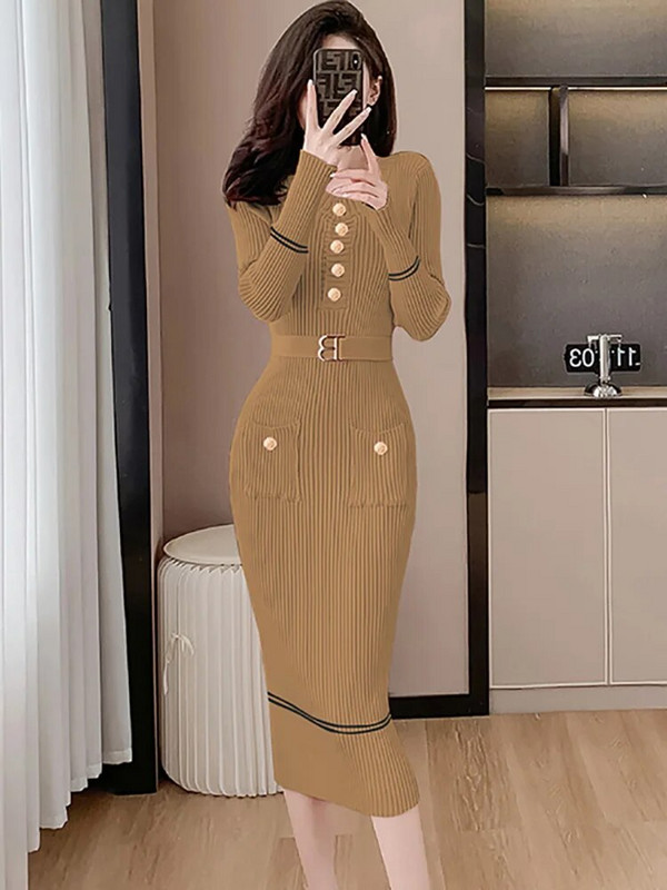 Női rózsaszín kötött bandage Bodycon ruha őszi téli hosszú ujjú elegáns hétköznapi hosszú ruha 2023-as új koreai elegáns pulóver ruha