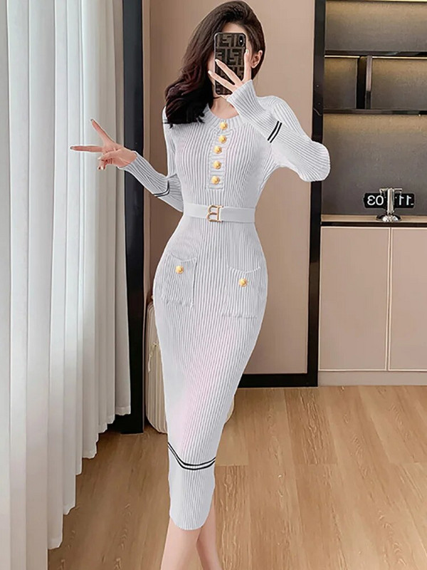 Női rózsaszín kötött bandage Bodycon ruha őszi téli hosszú ujjú elegáns hétköznapi hosszú ruha 2023-as új koreai elegáns pulóver ruha