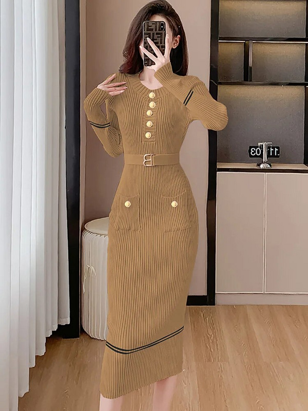 Női rózsaszín kötött bandage Bodycon ruha őszi téli hosszú ujjú elegáns hétköznapi hosszú ruha 2023-as új koreai elegáns pulóver ruha