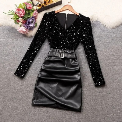 Rochie de iarnă pentru femei, rochii din piele, mozaic, coreeană, cu paiete grele, slim fit, rochii de petrecere, pliate, bodycon, pentru femei