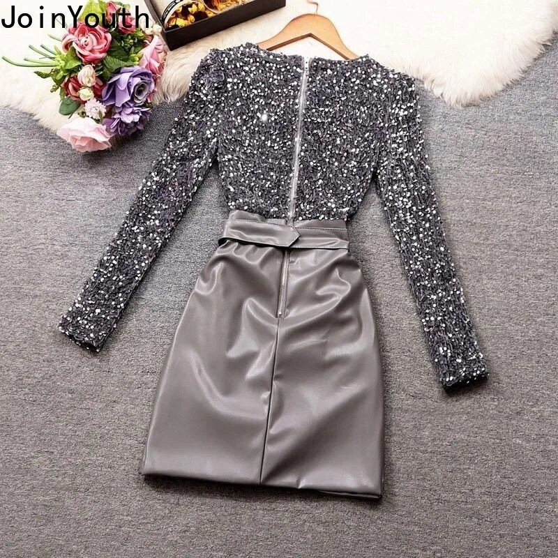 Rochie de iarnă pentru femei, rochii din piele, mozaic, coreeană, cu paiete grele, slim fit, rochii de petrecere, pliate, bodycon, pentru femei