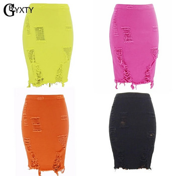 GBYXTY Γυναικεία Καλοκαιρινή ψηλή τζιν φούστα μολύβι μόδας νέον χρώμα με σκισμένες τρύπες φούντα Bodycon Τζιν φούστα Μίνι φούστα ZL346